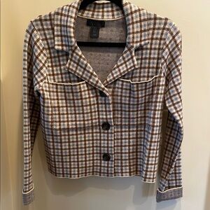 NWOT Cropped Blue Brown and Cream Plaid Blazer